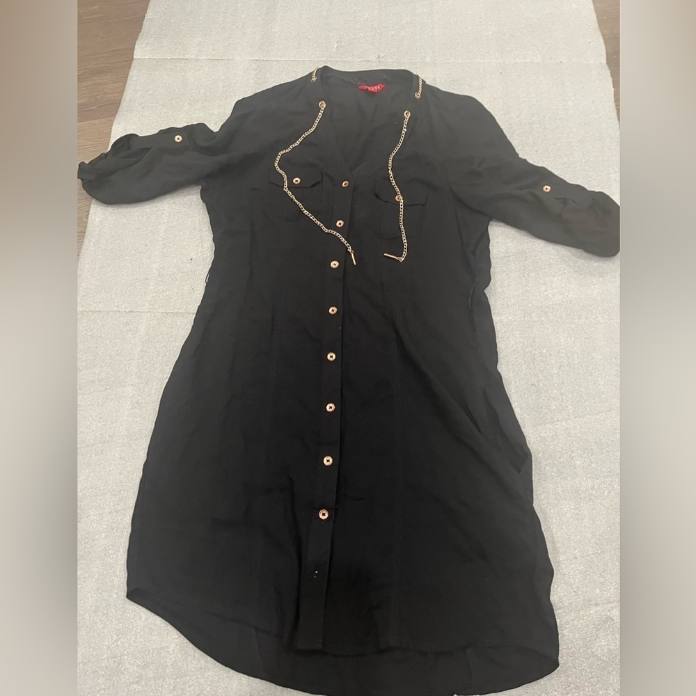 [S]VTG Guess Black Button-Up Shirt Tunic Dress with Gold Chain - Picture 3 of 13